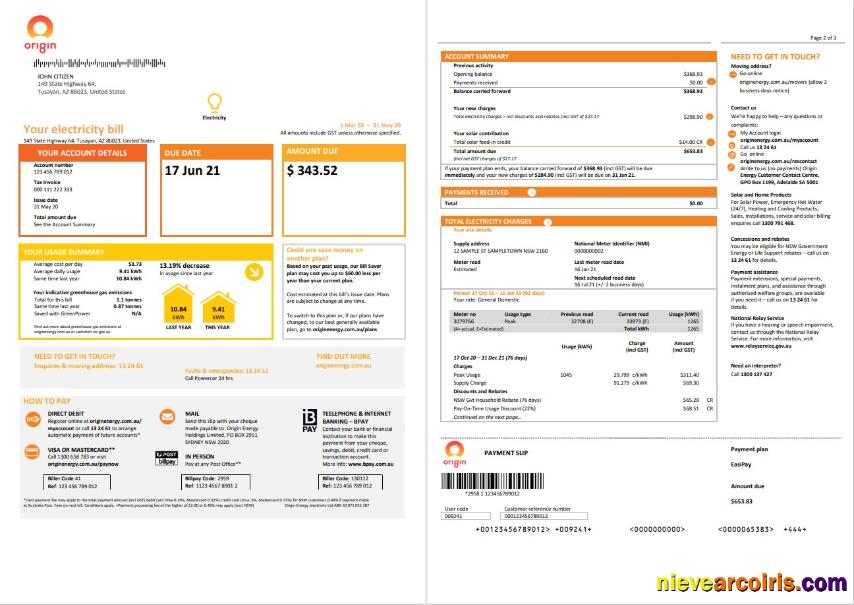Australia New South Wales NSW Origin electricity utility bill 1 2